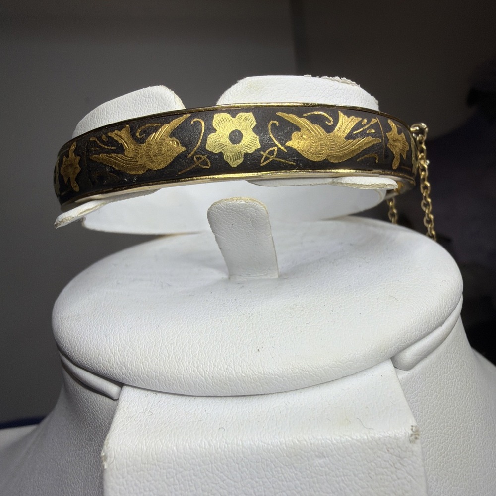 Vintage Damascene Bird Floral Hinged Bangle Black Gold Tone Safety Chain 8"